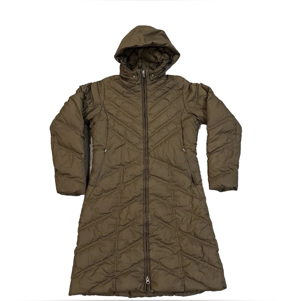 Patagonia Women’s Down Puffer Coat+Hood Brown Long Jacket Small Zip Style 51884